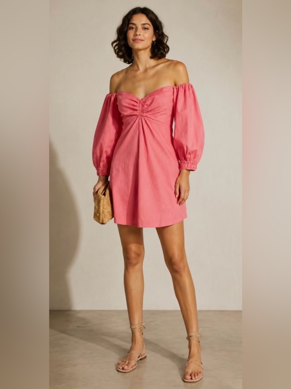 A.L.C. Mila Linen Blend Mini Dress Coral Orange Smocked Off Shoulder Size US 4